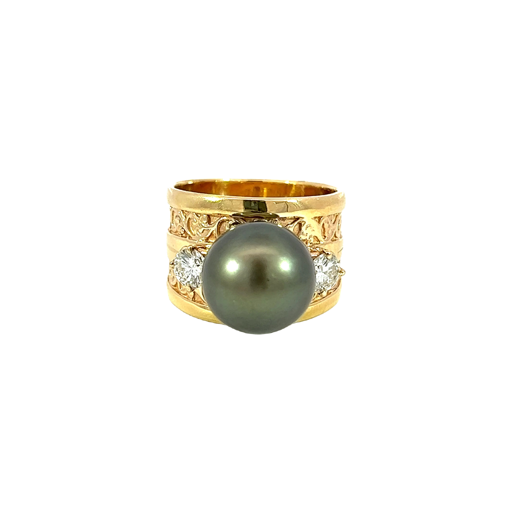 14K Yellow Gold Diamond and Pearl Cocktail Ring