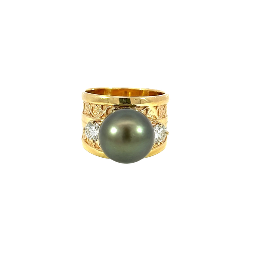 [835225200002] 14K Yellow Gold Diamond and Pearl Cocktail Ring