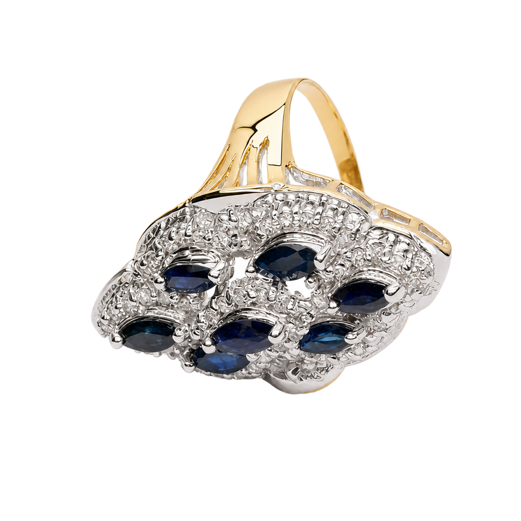 14K Two-Tone Gold Diamond and Sapphire Cocktail Ring