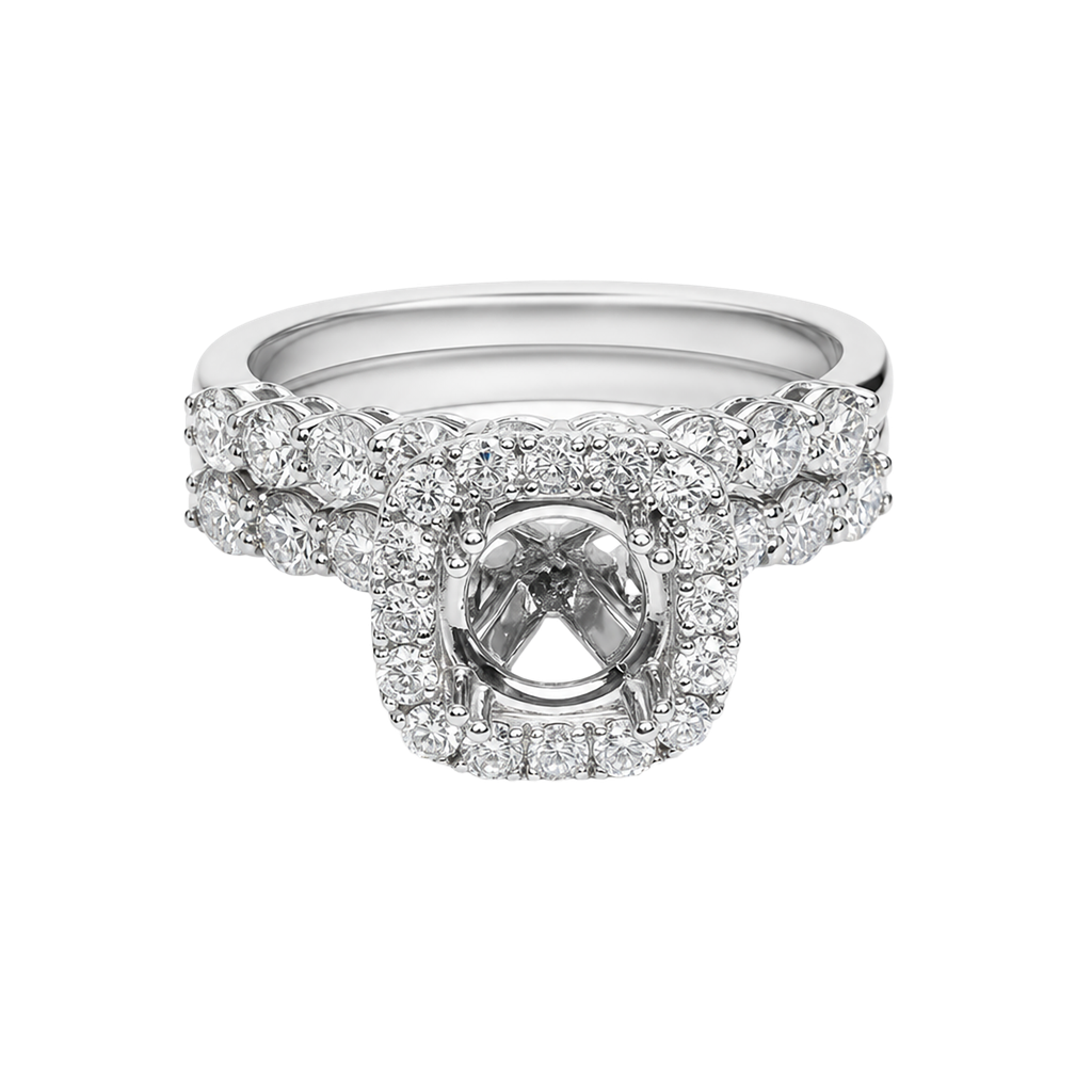 14K White Gold Diamond Engagement Ring and Diamond Band Set