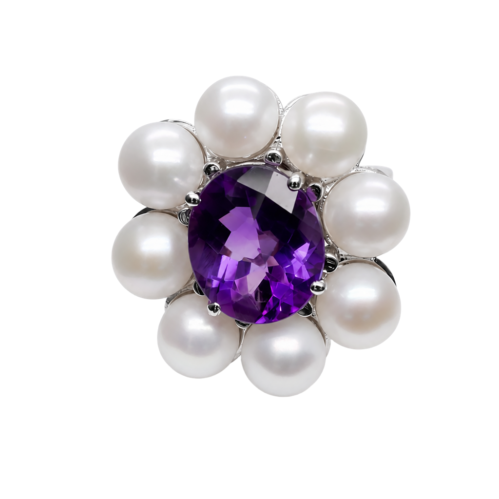 14K White Gold Amethyst and Pearl Cocktail Ring