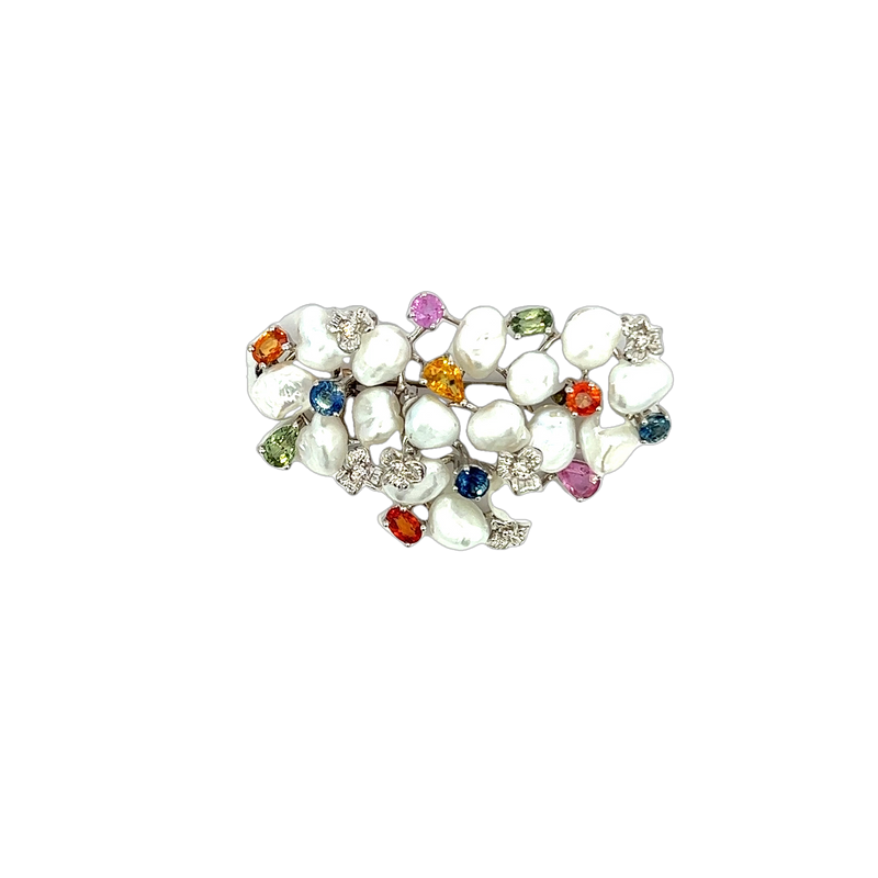 14K White Gold Pearl and Diamond Brooch