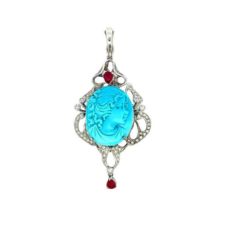 14K White Gold Turquoise, Ruby and Diamond Brooch