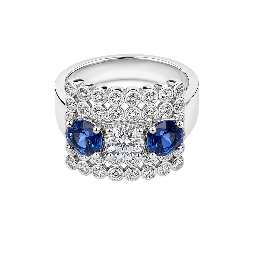 14K White Gold Diamond and Sapphire Cocktail Ring