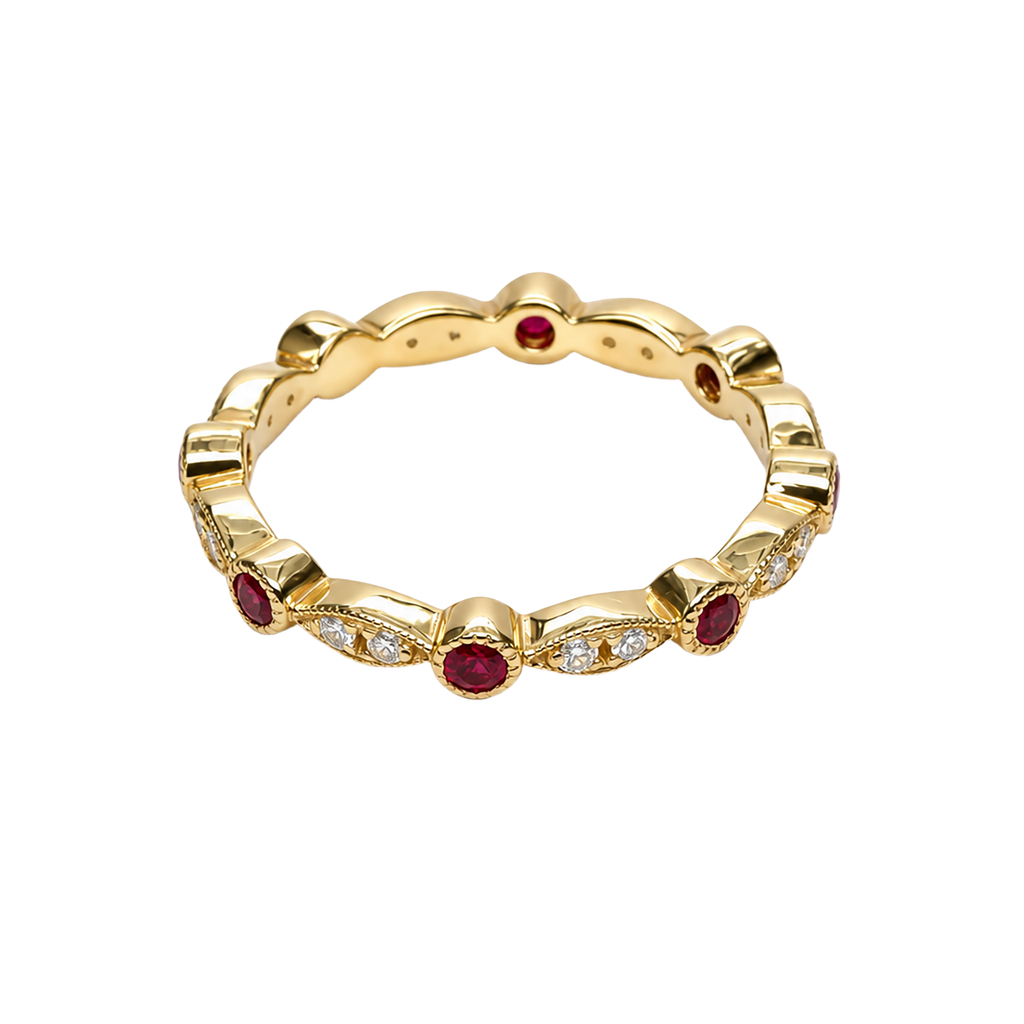 14K Yellow Gold Diamond and Ruby Stackable Ring