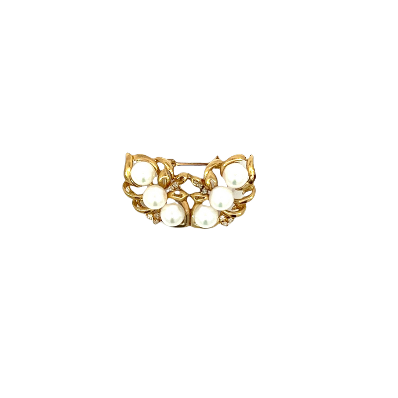 14K Yellow Gold Pearl and Diamond Brooch