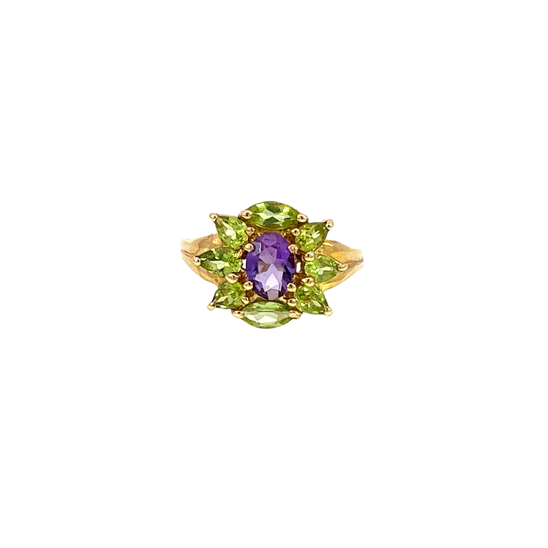 14K Yellow Gold Amethyst and Peridot Cocktail and Fashion Ring