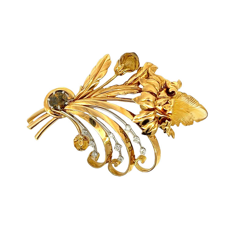 18K Two-Tone Gold Diamond and Citrine Brooch