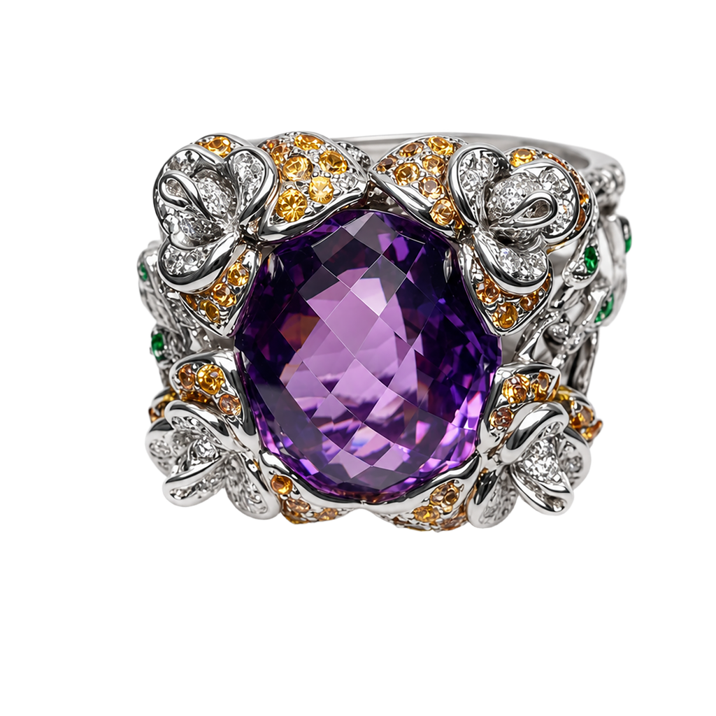 18K Two-Tone Gold Amethyst and Diamond Cocktail Ring