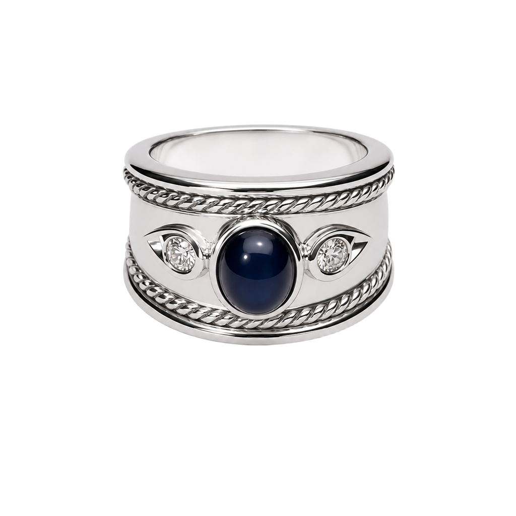18K White Gold Diamond and Cabochon Sapphire Ring