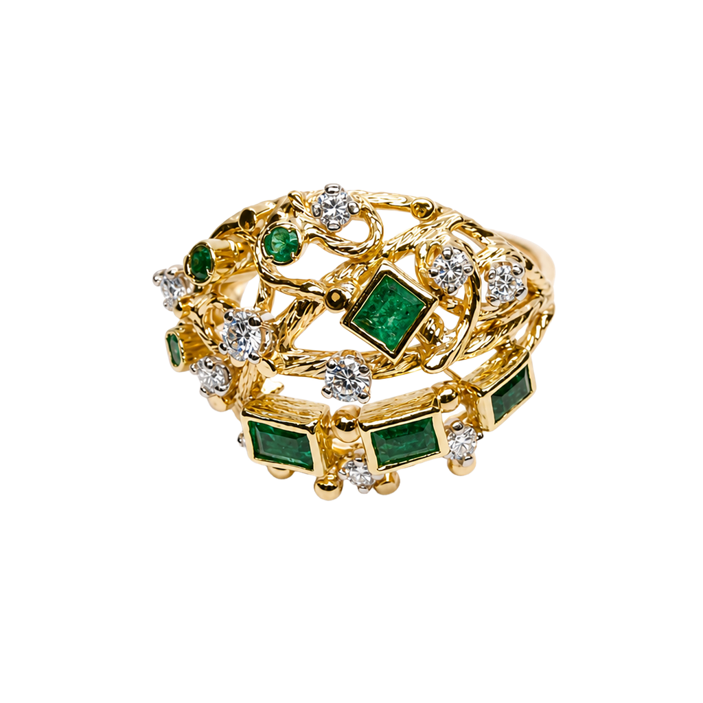 18K Yellow Gold Diamond and Emerald Cocktail Ring