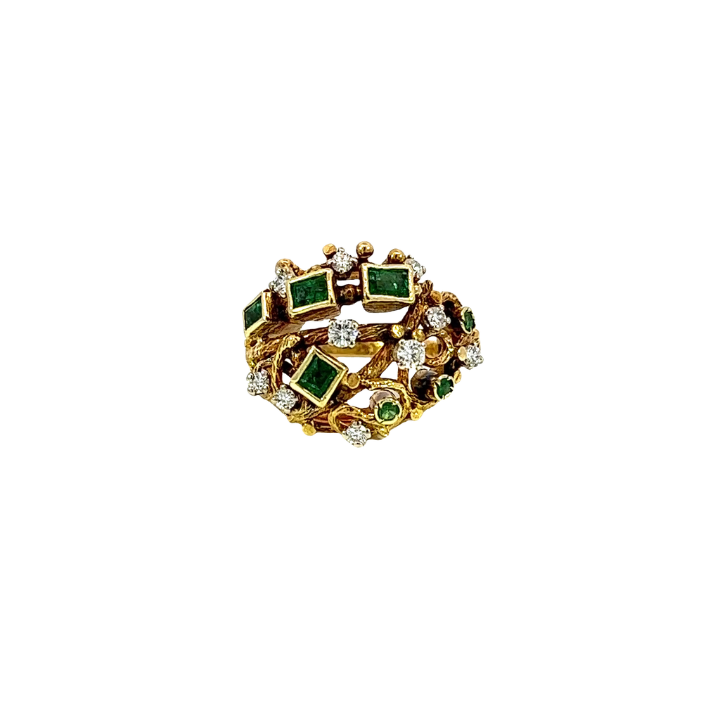 18K Yellow Gold Diamond and Emerald Cocktail Ring