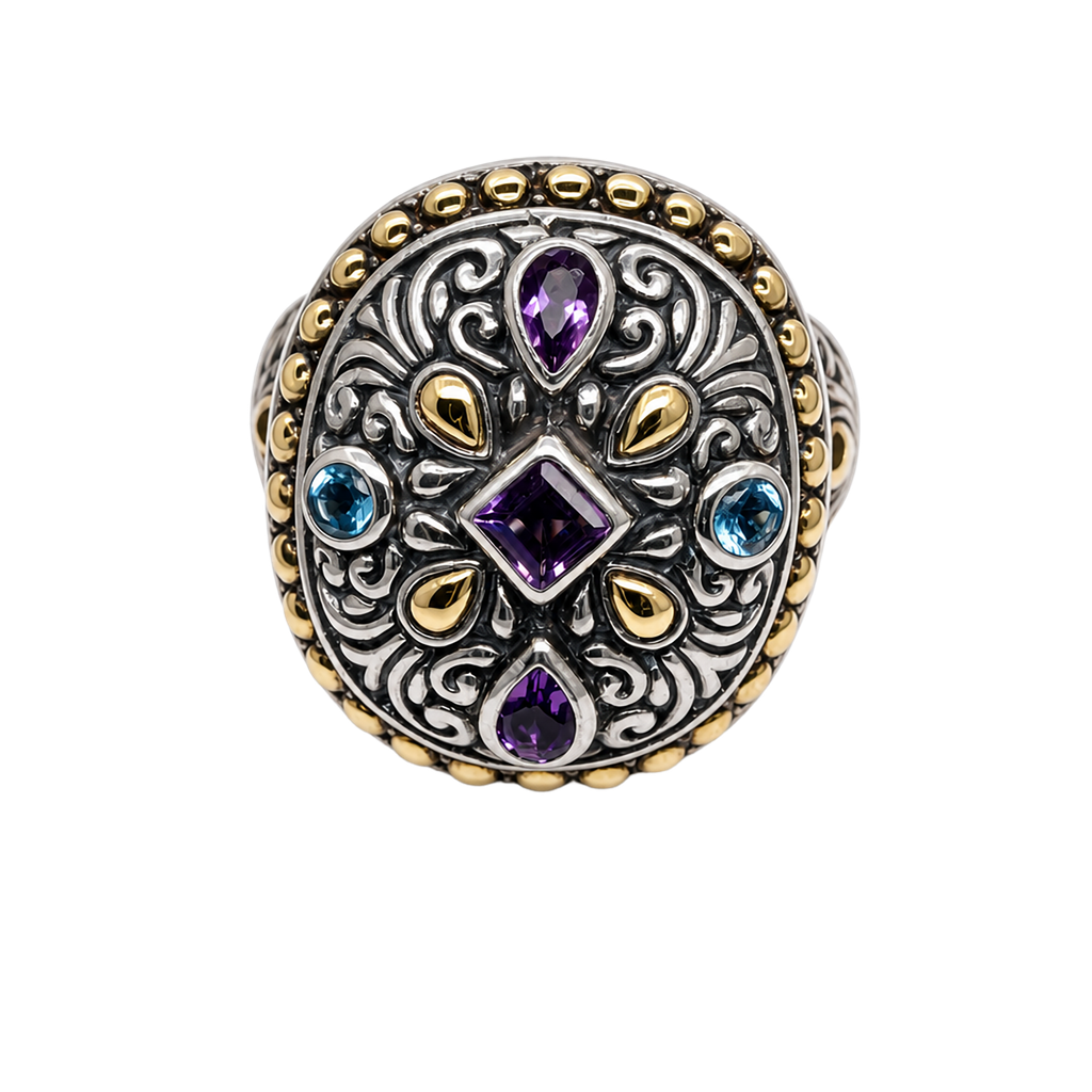 18K Yellow Gold Silver Amethyst Topaz Ring