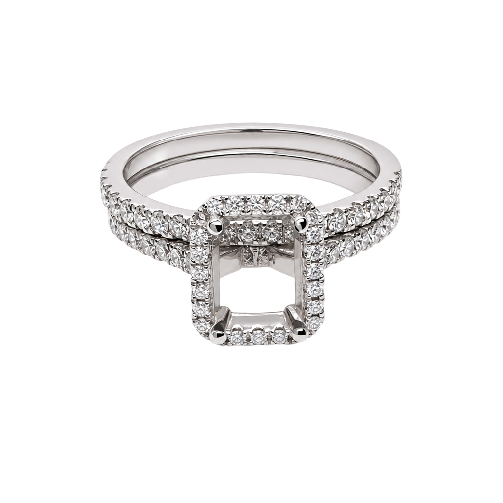 14K White Gold Diamond Emerald Cut Halo Wedding Set