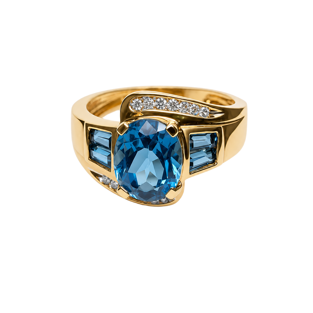 14K Yellow Gold Blue Topaz and Diamond Ring