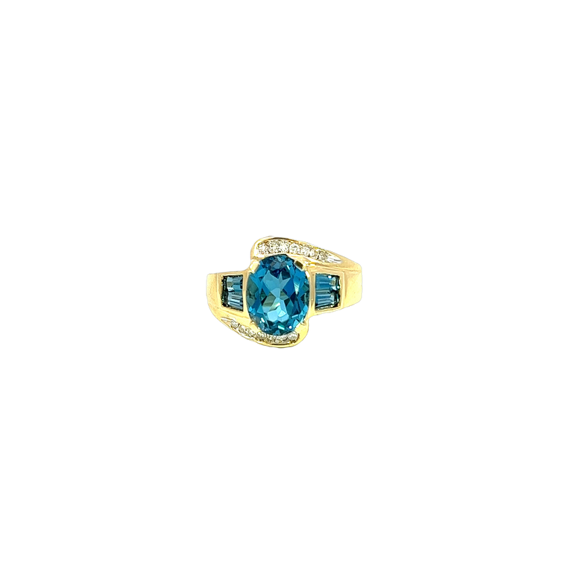 14K Yellow Gold Blue Topaz and Diamond Ring