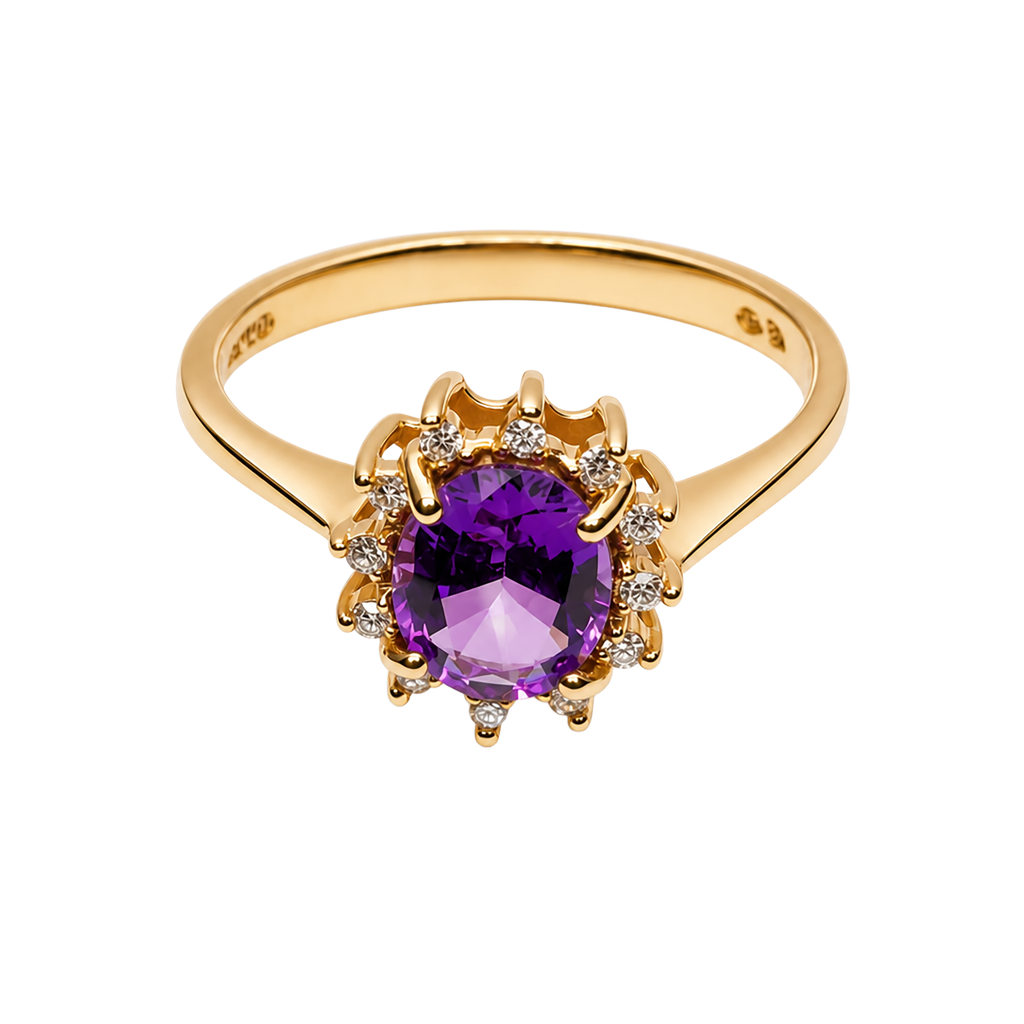 14K Yellow Gold Amethyst and Diamond Ring