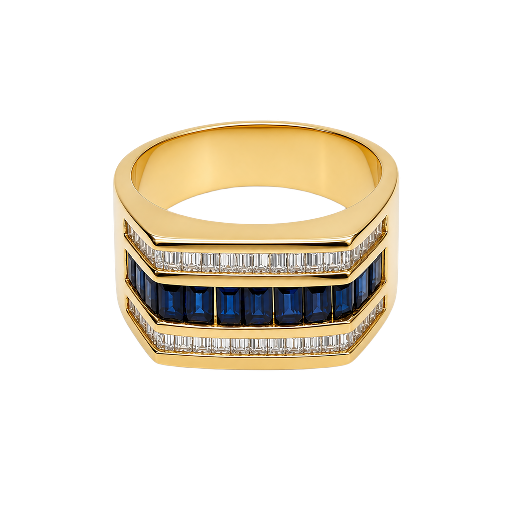 14K Yellow Gold Sapphire and Diamond Men's Ring