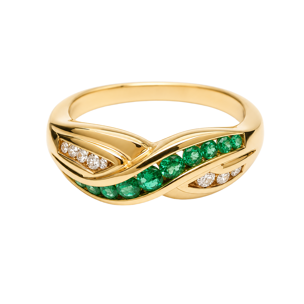14K Yellow Gold Emerald and Diamond Fashion Ring