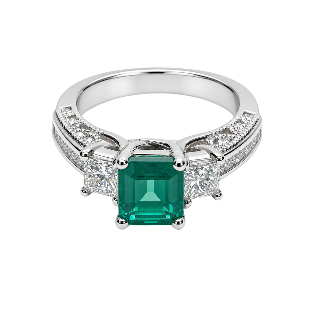 18K White Gold Emerald and Diamond Ring