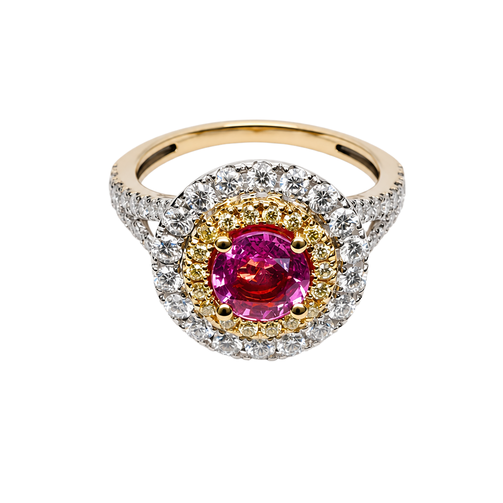 18K Two-Tone Gold Pink Sapphire Yellow Diamond Ring