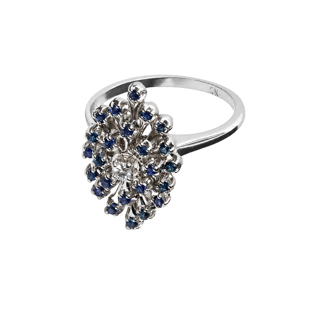 14K White Gold Sapphire and Diamond Cluster Ring