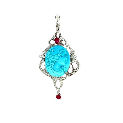 [867193200029] 14K White Gold Turquoise, Ruby and Diamond Brooch