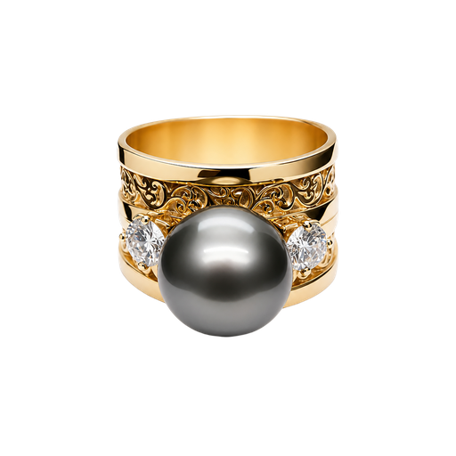 [835225200002] 14K Yellow Gold Diamond and Pearl Cocktail Ring
