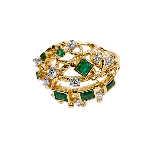 [822092400007] 18K Yellow Gold Diamond and Emerald Cocktail Ring